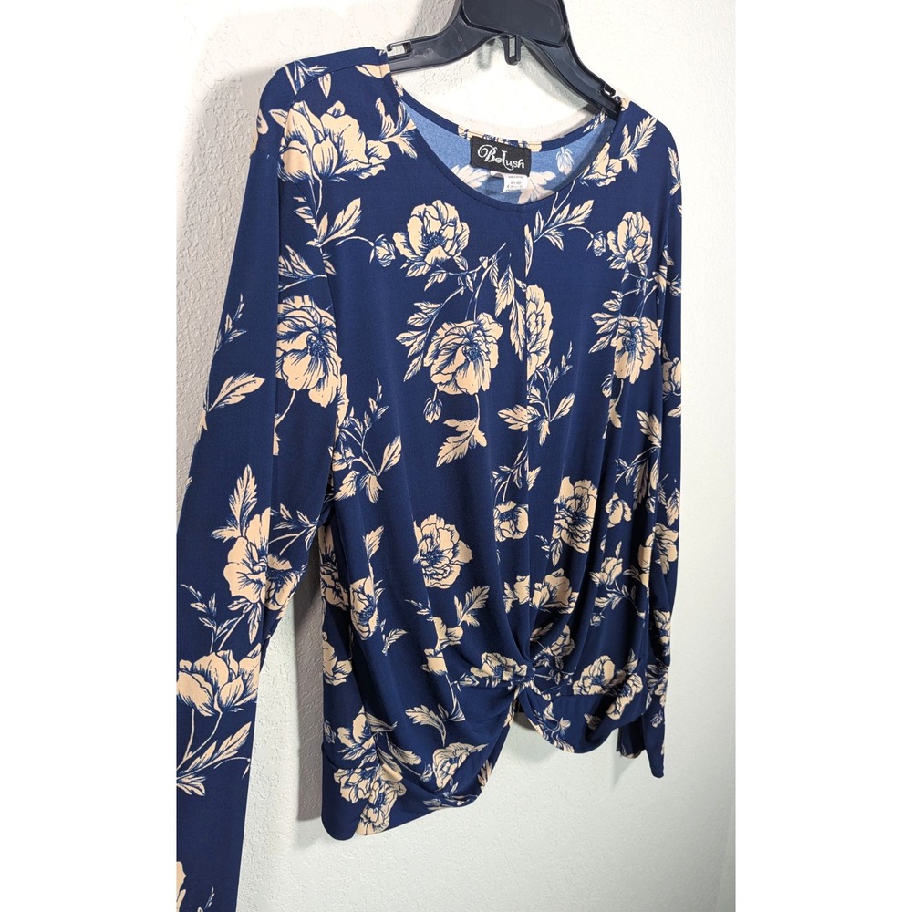 BeLush Navy Blue Beifge Floral‎ Long Sleeve Blouse Knot Front Large